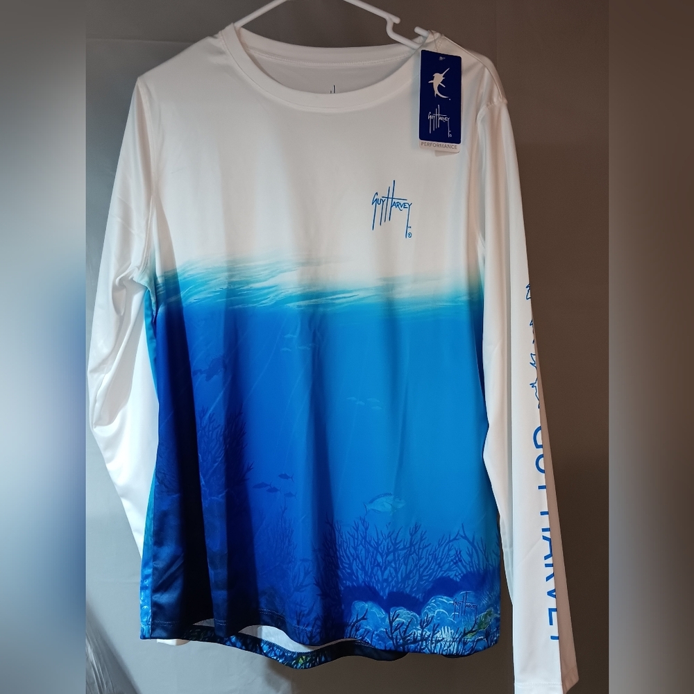 Guy Harvey White and Blue Ombre Long Sleeve Fishing Tee